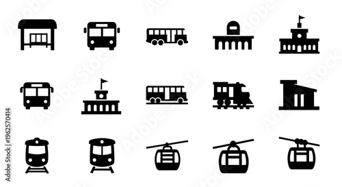 Public Transit Icon Set: Solid Black Flat Vectors of Bus Stops, Train Stations, and Cable Cars