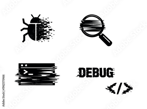 Theme: error diagnostics and debugging systems  a set of 4 glitch-distorted monochrome objects arranged on a perfectly clean white background, each object