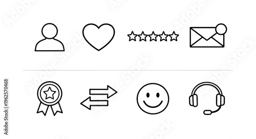 Client retention strategy: customer profile, heart icon, feedback rating stars, email notification, loyalty badge, referral arrows, satisfaction smile, support headset