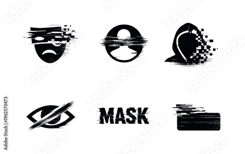 Digital anonymity and identity masking concept  a set of five glitch-distorted monochrome symbols floating as isolated specimens on a perfectly clean white
