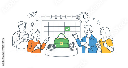 A digital marketplace environment where customers browse and rent accessories for short-term use in a flexible service model, represented by a small group engaging with a central