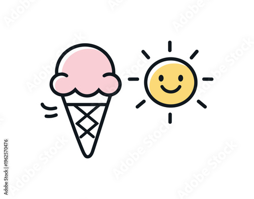 Pleasant leisure break and enjoying light refreshment during personal relaxation time outside work commitments, a minimal ice cream cone paired with a small smiling sun symbolizing