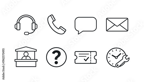 Customer support service: headset operator, phone handset, chat bubble, email envelope, help center desk, question mark circle, support ticket, clock assistance
