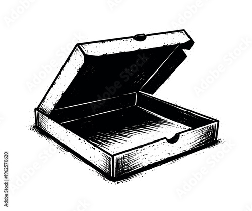 A takeaway pizza box slightly open, shown in three-quarter perspective and enlarged to dominate the frame on a pure white background, its angular form bold and