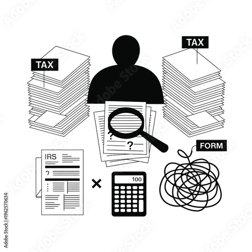 Tax professional analyzing IRS forms and calculating finances with a calculator