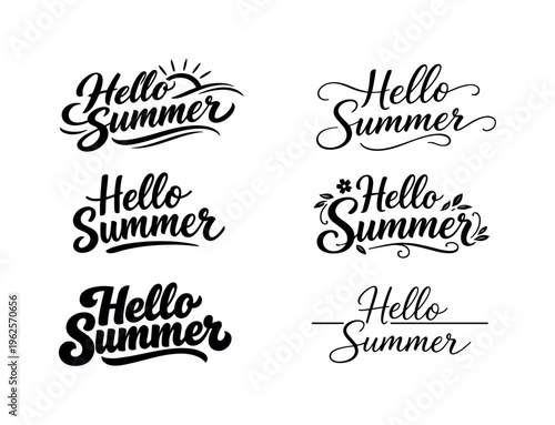 Hello Summer  a collection of six different typographic interpretations of the same phrase, arranged in a  grid on a white background. The six variations