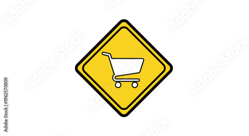 Shopping cart icon on yellow sign.