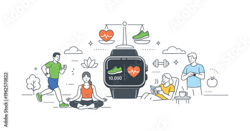 Individuals balancing activity, rest, and health monitoring through smart wearable technology in everyday life, illustrated by a central smartwatch paired with a small step counter