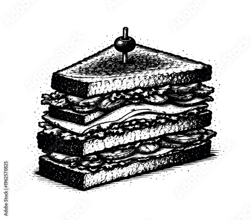A realistic slice of layered club sandwich shown in three-quarter perspective, enlarged to fill most of the frame and isolated on a perfectly clean white