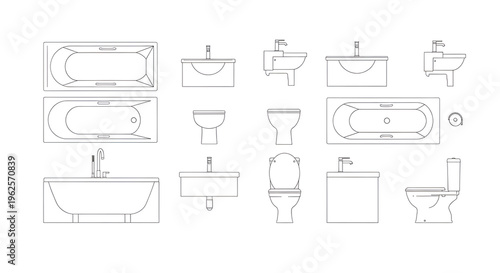 Technical Drawing Set of Bathroom Fixtures in Minimalist Line Art Style