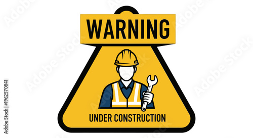 Under construction warning sign with worker.