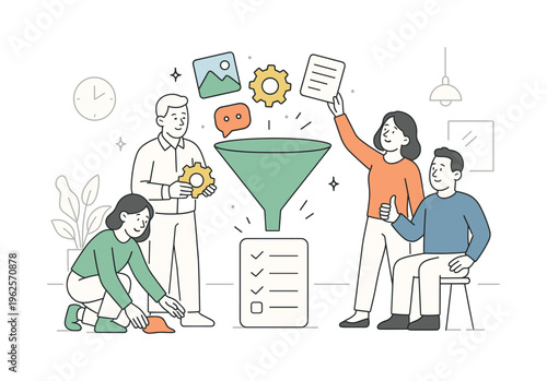 Team reorganizing scattered project inputs and building a unified execution structure together during a structured alignment session in a modern office
