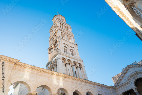 Split, Croatia, Palace of Diocletian in the old town, old ruins with a bell tower in the center