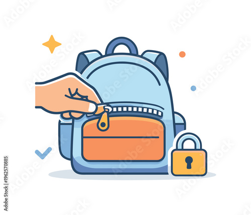 Closing a zipper on a backpack before heading out as part of a daily routine focused on preparation and keeping personal belongings secure, a backpack with a zipper being pulled