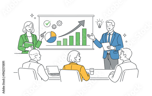 A corporate meeting scenario where executives present strategic insights and performance results to board members in a formal business environment, visualized through a small group