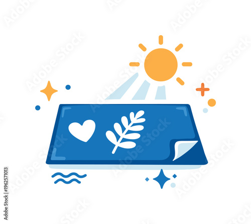 Cyanotype blueprint exposure process using sunlight for photographic printing techniques, a flat sheet with a simple object silhouette and a small sun icon indicating light