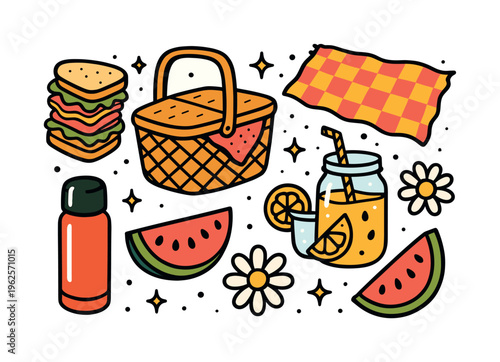 Picnic in the park themed collection of 7 bold, playful hand-drawn cartoon objects scattered freely on a white background at varying scales like a colorful