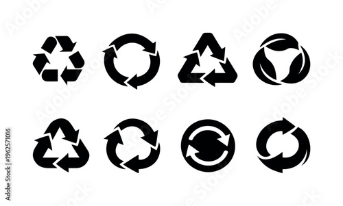 Recycling loop concept: recycle symbol, circular arrows, triangle loop, eco leaf arrows, reuse cycle, sustainability loop, waste cycle, green arrows