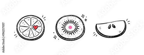 Simple breakfast fruit slices theme  a horizontal row of 3 related hand-drawn objects on a white background, featuring a citrus slice with a tiny red heart