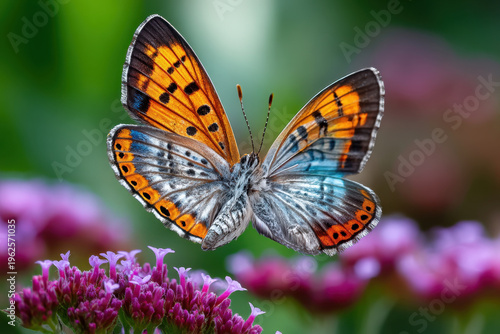 Butterfly with orange and blue wings in flight