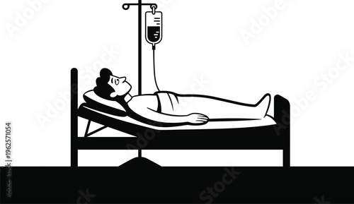 Hospital bed, patient lying down, medical IV drip, healthcare vector illustration