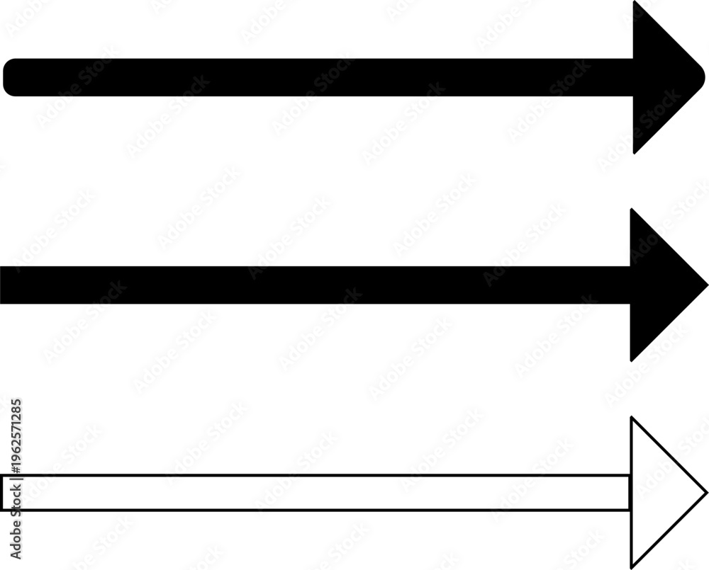 Fototapeta premium Three Horizontal Arrows Pointing Right: Solid Black, Bold Black, and Outlined White