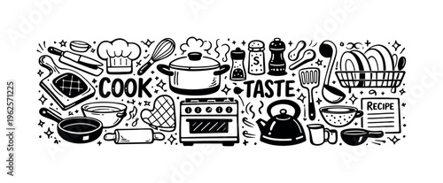 Kitchen Cooking theme  a dense horizontal doodle collage of  hand-drawn cooking and kitchen-related objects packed tightly together on a white background