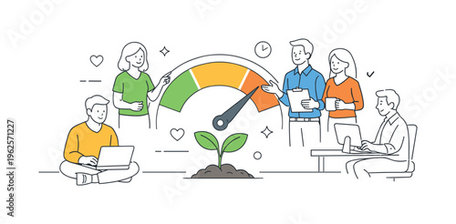 Employees collectively tracking healthy productivity habits and avoiding burnout through mindful pacing during a collaborative workday in a calm professional
