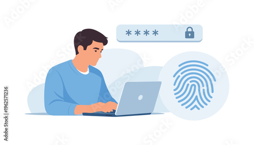 A secure login and identity verification concept featuring a focused user accessing a system beside a simple password field and a minimal fingerprint element, representing