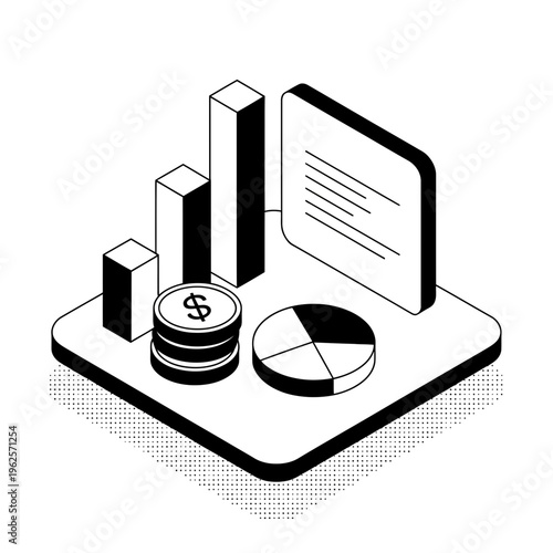 Business icon shows financial graph and chart with dollar coins