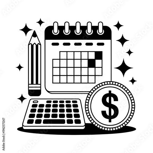 Calculator icon with calendar, pencil and dollar coin illustration