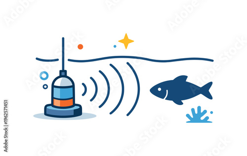 Underwater acoustic monitoring and sonar data interpretation in marine research operations, a minimal hydrophone device emitting soft circular wave lines toward a single fish