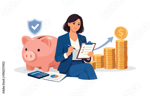 A financial security and smart saving scene showing a confident professional managing personal budget decisions near a large piggy bank and a rising coin stack, symbolizing
