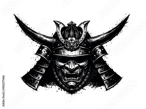 Samurai helmet shown in a dramatic frontal view with flared neck guard and curved horns extending outward, enlarged to fill most of the frame and isolated on a