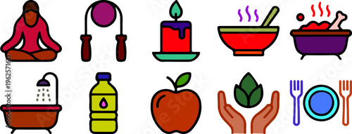 Wellness self-care icons set with meditation healthy food bath shower nutrition and relaxation symbols vector illustration
