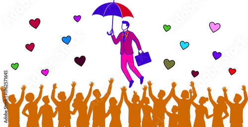 Business leader with umbrella floating above cheering crowd with hearts leadership success protection and popularity concept vector illustration
