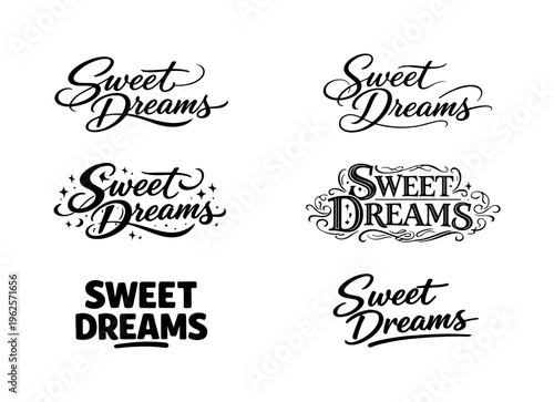 The phrase Sweet Dreams interpreted through six visually different lettering treatments presented as a coordinated typographic collection arranged in a
