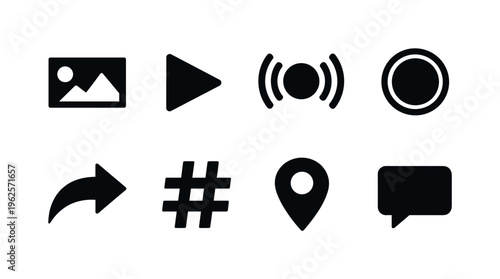 Social media content sharing: photo image, video play, live stream, story circle, share arrow, hashtag symbol, location tag, comment bubble