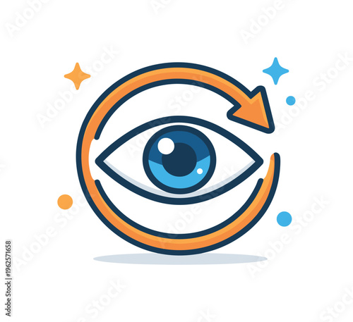 Fresh perspective after a pause or break in work or creative process, a reset arrow circling a simple eye icon representing renewed vision and clearer perception after rest