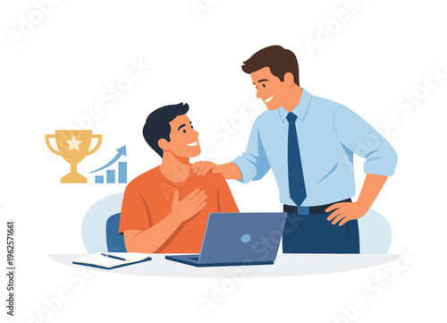 A employee engagement and motivation improvement scene showing a supportive manager recognizing effort beside a simple trophy symbol and a minimal upward progress element