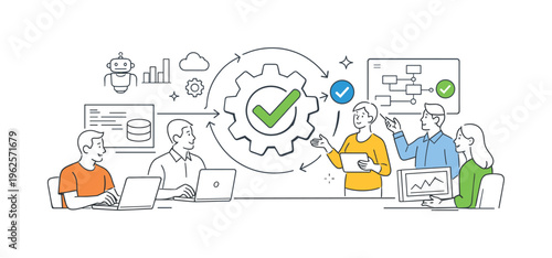 A technology-driven environment where professionals design and monitor automated systems to handle data and repetitive workflows efficiently, represented by a small group