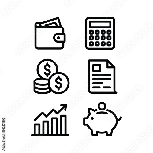 Finance icons including wallet, calculator, coins, document, graph, and piggy bank