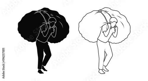 Burdened man carrying heavy loads contrasting views black and white silhouette