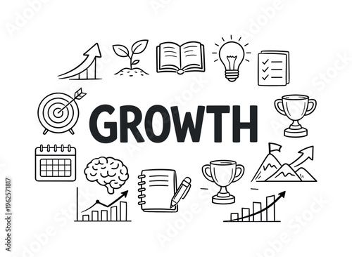 Personal development and self-improvement journey concept focused on learning new skills, building confidence, and achieving long-term personal goals. GROWTH title with
