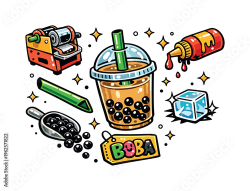 Bubble tea cafe themed collection of 7 bold, playful hand-drawn cartoon objects scattered freely on a white background at varying scales like a colorful sticker