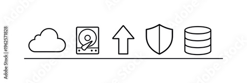 Data backup and digital storage reliability for protecting important information and ensuring business continuity, cloud, hard drive, shield, upload arrow, and database cylinder
