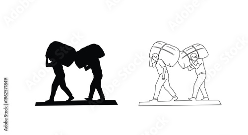 Two pairs of figures carrying loads contrasting styles silhouette