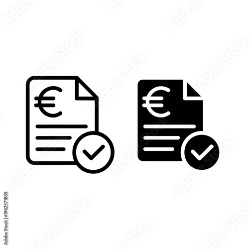 Invoice icon with euro symbol and checkmark in black and white