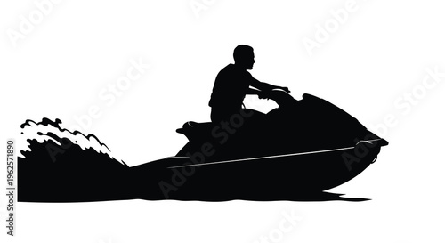 A person riding a jet ski across water black silhouette