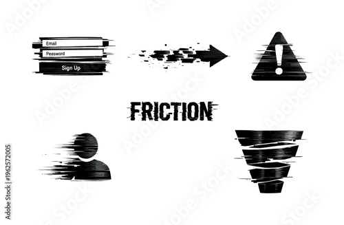 Digital onboarding friction and conversion barriers theme, a set of five glitch-distorted monochrome objects floating on a perfectly clean white background,